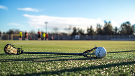 A lacrosse stick and ball resting on a turf field, with players practicing in the distance.の素材