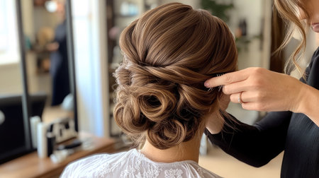A hairdresser working on a clients updo, intricately pinning and twisting the hair for a special occasion.の素材