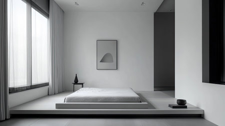 A minimalist bedroom with a monochrome color palette, featuring a low platform bed, simple artwork, and uncluttered surfaces.の素材