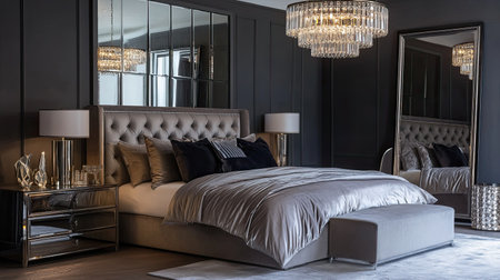 A glamorous bedroom with mirrored furniture, plush velvet bedding, and a statement chandelier hanging above the bed.の素材