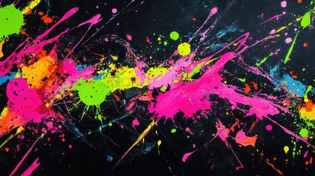 A mix of splattered neon paints forming abstract shapes on a black canvas, giving off a bold, rebellious energy.の素材