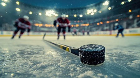 A hockey stick and puck lying on the ice, with players skating in the background under arena lights.の素材