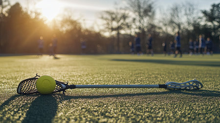 A lacrosse stick and ball resting on a turf field, with players practicing in the distance.の素材
