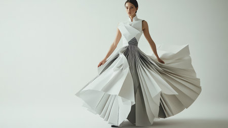 A high-fashion model posing in a sculptural dress with exaggerated proportions, set against a minimalist white background.の素材