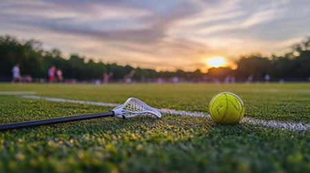 A lacrosse stick and ball resting on a turf field, with players practicing in the distance.の素材