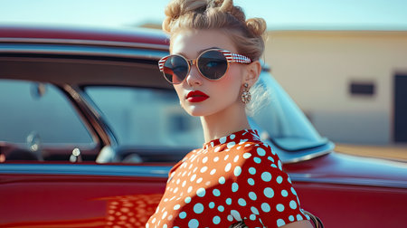 A model in a retro-inspired outfit, complete with cat-eye sunglasses, a polka dot dress, and a vintage handbag, standing in front of a classic car.の素材
