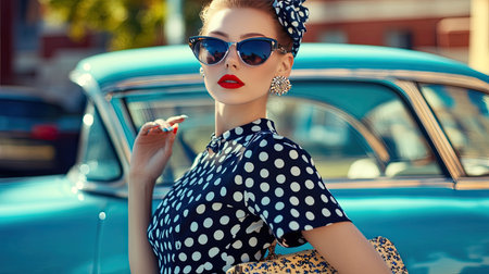 A model in a retro-inspired outfit, complete with cat-eye sunglasses, a polka dot dress, and a vintage handbag, standing in front of a classic car.の素材