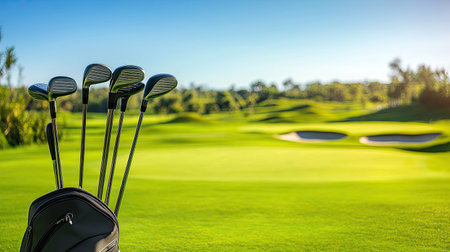 A set of golf clubs standing in a sleek golf bag, with a picturesque green golf course in the background.の素材