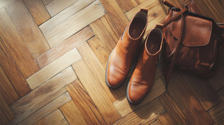 A pair of stylish ankle boots placed next to a trendy handbag, shot from a top-down perspective on a wooden floor.の素材