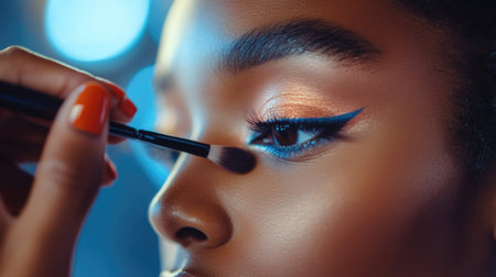 A professional makeup artist applying eyeshadow on a models eyelid, highlighting the precision of the brushwork and vibrant colors.の素材