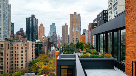 A sleek, modern apartment building with a rooftop garden, surrounded by other high-rises in a trendy downtown neighborhood.の素材