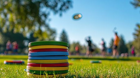 A pile of frisbees stacked on the grass, with people playing ultimate frisbee in the background.の素材