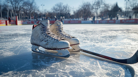 A pair of ice skates lying on the ice at a skating rink, with a hockey stick resting nearby.の素材