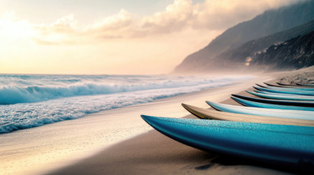 A row of surfboards lined up on the beach, with waves crashing in the ocean behind them.の素材