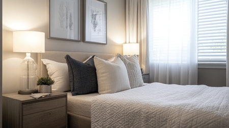 A small yet elegant bedroom featuring a daybed with chic throw pillows, light curtains, and a modern bedside table with a reading lamp.の素材