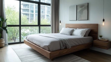 A modern bedroom with a minimalist design, featuring a king-size bed, light gray bedding, and a sleek wooden headboard, with natural light streaming through large windows.の素材