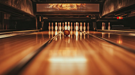 A row of bowling pins set up at the end of a lane, with a bowling ball rolling toward them.の素材
