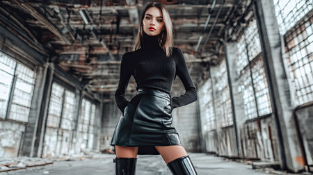 A stylish woman in an all-black ensemble, including a turtleneck, leather skirt, and knee-high boots, posing against an industrial backdrop.の素材
