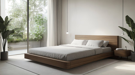 A modern bedroom with a minimalist design, featuring a king-size bed, light gray bedding, and a sleek wooden headboard, with natural light streaming through large windows.の素材