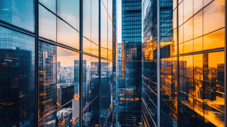 A modern high-rise office building with sleek glass windows reflecting surrounding structures in a bustling downtown area.の素材