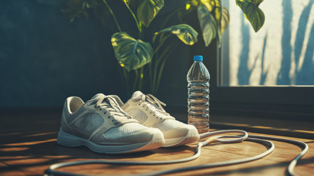 A pair of tennis shoes and a water bottle next to a jump rope on the floor of a fitness studio.の素材