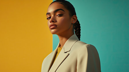 A model showcasing a trendy oversized blazer with wide-legged trousers, styled with a minimal makeup look and slicked-back hair.の素材