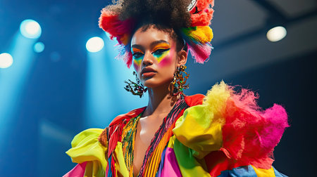A runway model strutting in a bold, colorful outfit with exaggerated sleeves, paired with high-fashion accessories and dramatic makeup.の素材