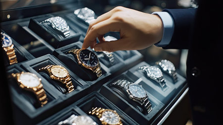 A person browsing luxury watches at a high-end boutique, with hands touching glass display cases of expensive products.の素材