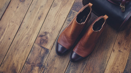 A pair of stylish ankle boots placed next to a trendy handbag, shot from a top-down perspective on a wooden floor.の素材