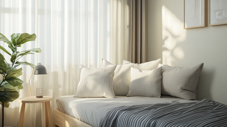 A small yet elegant bedroom featuring a daybed with chic throw pillows, light curtains, and a modern bedside table with a reading lamp.の素材