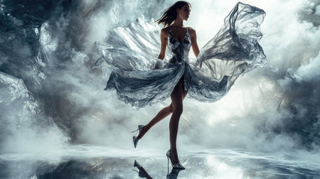 A model striking a dramatic pose while wearing a metallic dress and sky-high heels on a glossy, reflective floor.の素材