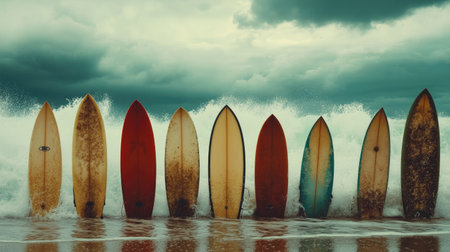 A row of surfboards lined up on the beach, with waves crashing in the ocean behind them.の素材