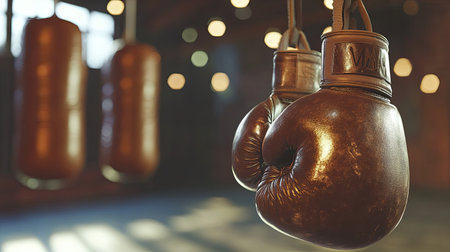 A shiny pair of boxing gloves hanging from a hook in a boxing gym, with punching bags in the background.の素材