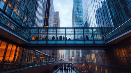 A pedestrian bridge connecting two tall buildings in a busy downtown business district, with people walking below.の素材