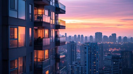 A residential skyscraper with balconies, overlooking the cityscape of downtown, with city lights coming to life at dusk.の素材