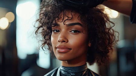 A professional stylist using a diffuser to dry curly hair, enhancing the natural texture.の素材