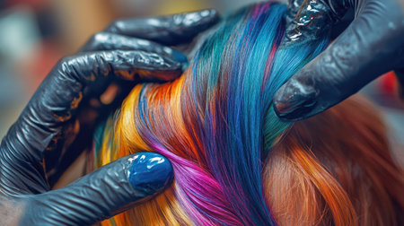 A stylist adding vibrant, multi-toned hair color to a client, creating a bold and artistic look.の素材