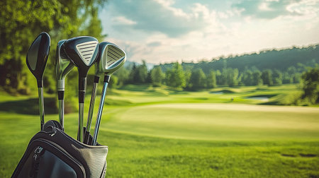 A set of golf clubs standing in a sleek golf bag, with a picturesque green golf course in the background.の素材