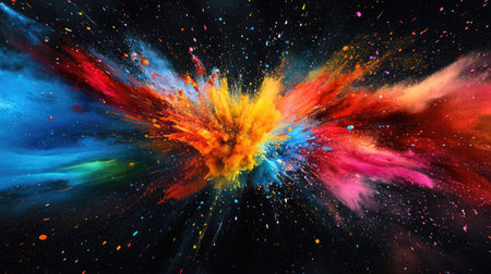 Splashes of color in rainbow hues exploding across a black background, creating a dramatic, abstract effect.の素材