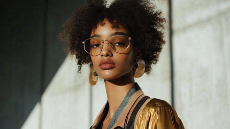 A runway model wearing a sleek, modern jumpsuit with metallic accents, paired with bold makeup and minimalist accessories.の素材