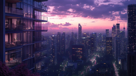 A residential skyscraper with balconies, overlooking the cityscape of downtown, with city lights coming to life at dusk.の素材