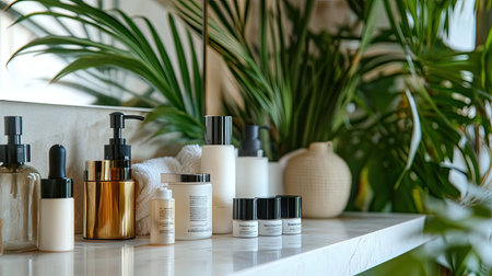 Skincare and beauty products arranged neatly on a bathroom counter with a lush plant in the background, promoting a clean and natural aesthetic.の素材