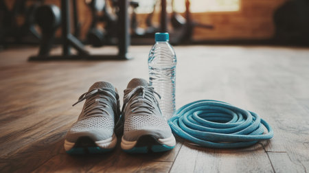 A pair of tennis shoes and a water bottle next to a jump rope on the floor of a fitness studio.の素材