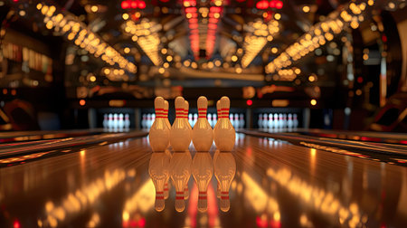 A row of bowling pins set up at the end of a lane, with a bowling ball rolling toward them.の素材