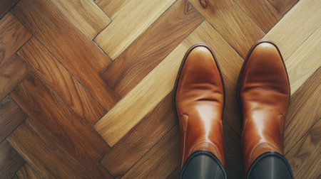 A pair of stylish ankle boots placed next to a trendy handbag, shot from a top-down perspective on a wooden floor.の素材