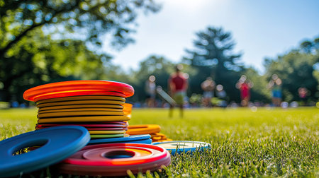 A pile of frisbees stacked on the grass, with people playing ultimate frisbee in the background.の素材