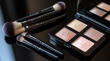 A set of makeup brushes neatly organized next to a highlighter palette, all set on a sleek, black surface.の素材