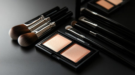 A set of makeup brushes neatly organized next to a highlighter palette, all set on a sleek, black surface.の素材