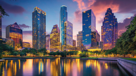 A vibrant downtown skyline at dusk, with towering glass skyscrapers reflecting the sunset and city lights beginning to twinkle.の素材