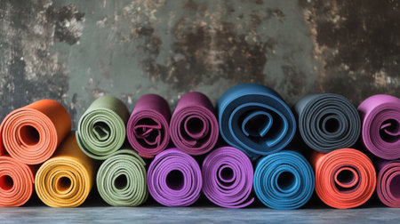 A stack of colorful yoga mats rolled up and leaning against a wall in a peaceful studio.の素材
